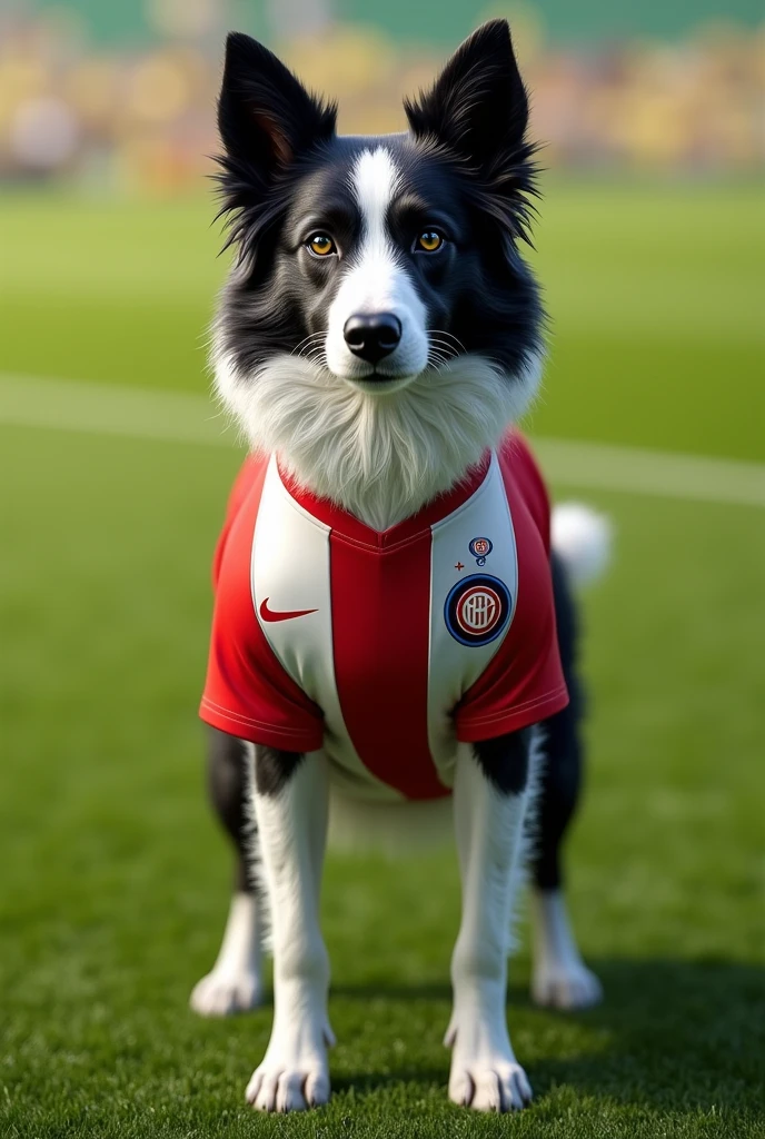 a border collie dog wearing the Internacional jersey
