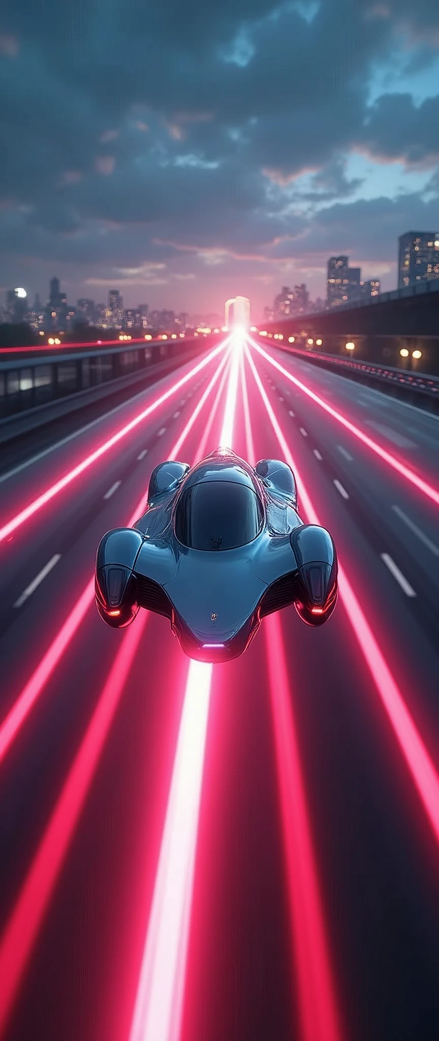 (masterpiece:1.2,Highest quality,Ultra-high resolution,Very detailed,Realistic,RAW Photos:1.2,Elaborate photos),8k,wallpaper,(Ray Tracing),(Future City:2.0),sf,cyber punk,(A streamlined and beautiful ultra-compact spacecraft shaped like a car without wheels:2.0),(The craft floats above the guiding lights:2.0),(Dynamic Angles),night,(Rainbow-colored guiding lights:2.0),(Expectations are of running at high speed through a tunnel of light in the sky:2.0),(Motion Blur)