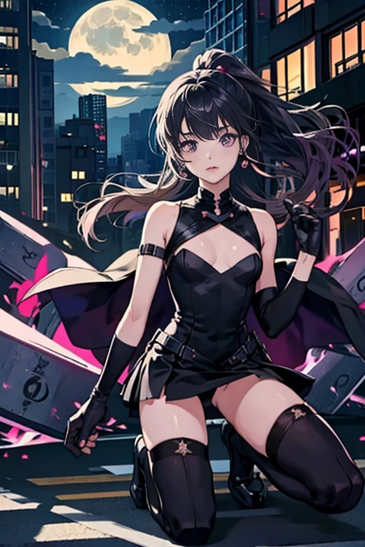Anime Art、Hong Kong City Streets and Roads、Full body portrait、Modern street killer、Moonlit Ruins、Slim woman, height: about. 155cm, Around , Wearing a black mini dress, Bare hands、Black over-the-knee socks、Ponytail Hairstyles、The eyes are covered by the bangs、Black Hair, a vague look、Purple eyes、gloves、stockings、boots、She has silver earrings.,Gaze, Small breasts,ゴシックータ
