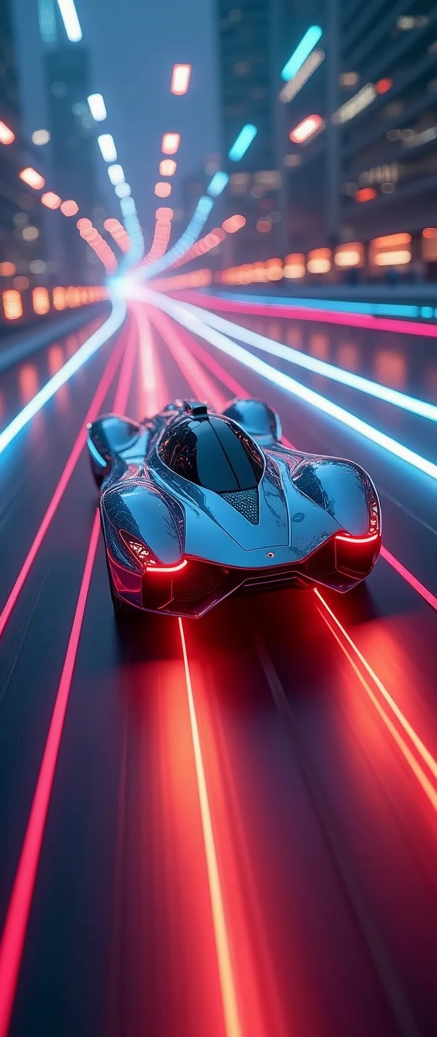(masterpiece:1.2,Highest quality,Ultra-high resolution,Very detailed,Realistic,RAW Photos:1.2,Elaborate photos),8k,wallpaper,(Ray Tracing),(Future City:2.0),sf,cyber punk,(A streamlined and beautiful ultra-compact spacecraft shaped like a car without wheels:2.0),(The craft floats above the guiding lights:2.0),(Dynamic Angles),night,(Rainbow-colored guiding lights:2.0),(Expectations are of running at high speed through a tunnel of light in the sky:2.0),(Motion Blur)