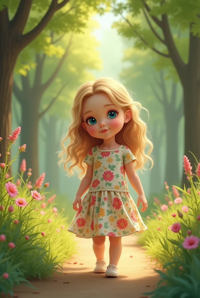 a  (3-year-old child), her long, wavy honey blonde hair with bangs, with white skin and blue eyes, dressed in a beautiful floral dress and strolling through a park 