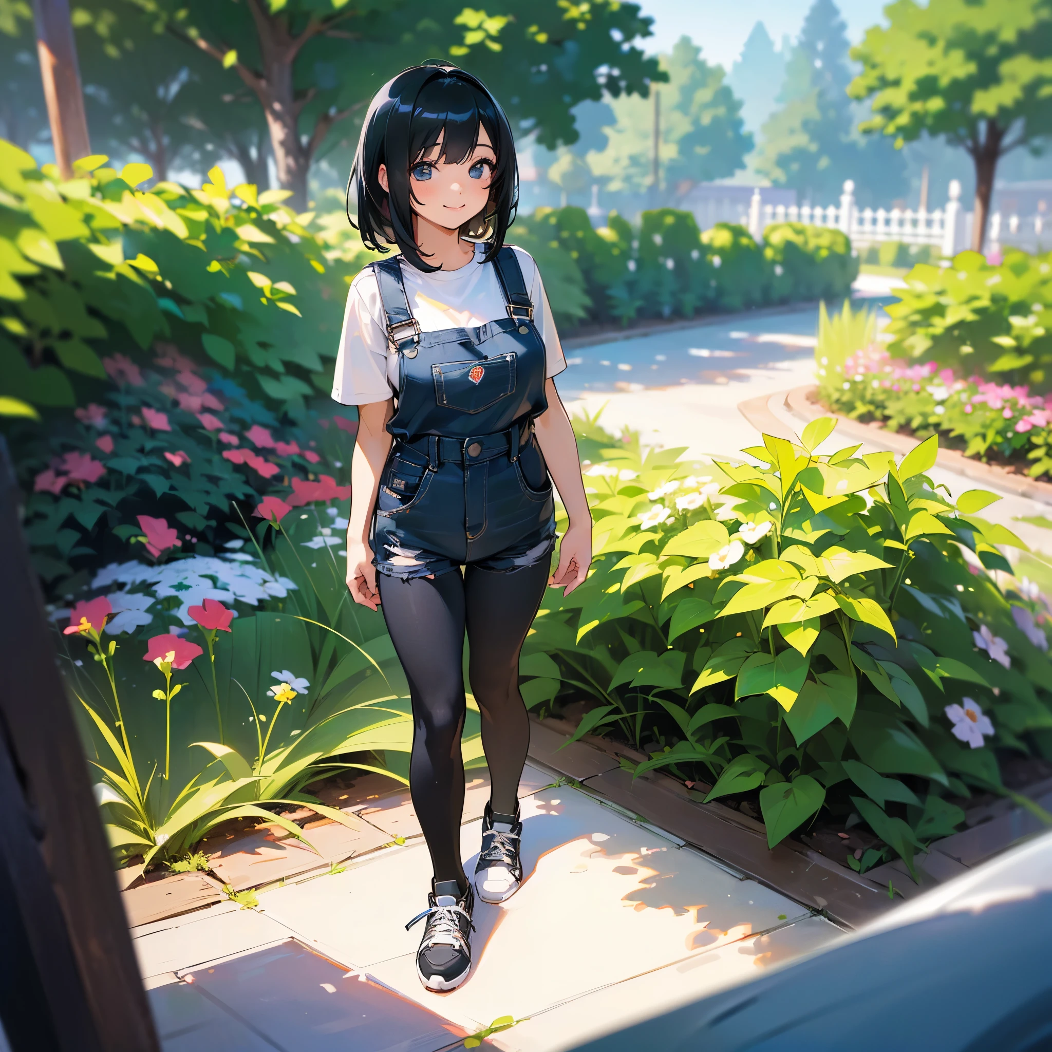 (high quality, High resolution, Very detailed, reality:1.37), Peaceful atmosphere, (Outdoor, garden), Teenage girl standing alone, (my breasts are big.), Beautiful details, Cute Smile, (Black bob hair), Short sleeve shirt, Overalls, Black tights, sneakers.