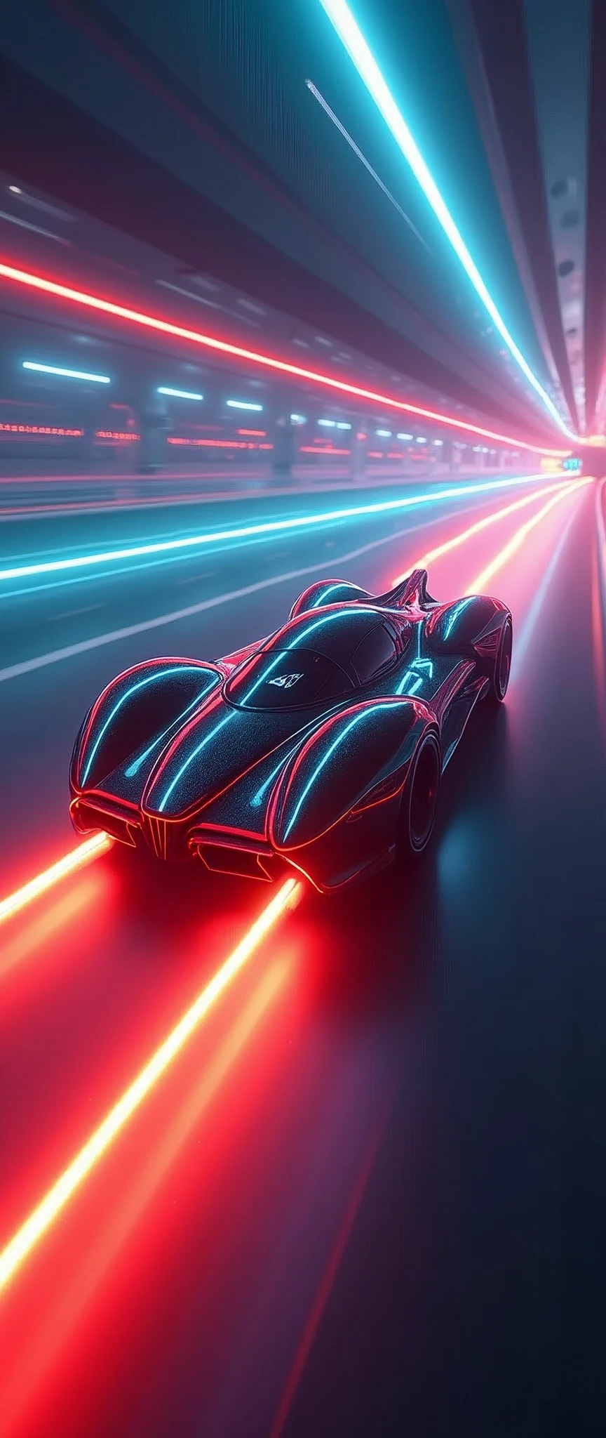 (masterpiece:1.2,Highest quality,Ultra-high resolution,Very detailed,Realistic,RAW Photos:1.2,Elaborate photos),8k,wallpaper,(Ray Tracing),(Future City:2.0),sf,cyber punk,(A streamlined and beautiful ultra-compact spacecraft shaped like a car without wheels:2.0),(The craft floats above the guiding lights:2.0),(Dynamic Angles),night,(Rainbow-colored guiding lights:2.0),(Expectations are of running at high speed through a tunnel of light in the sky:2.0),(Motion Blur)