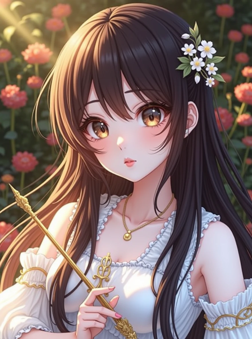 a beautiful woman with long flowing hair, detailed face, sparkling eyes, delicate nose and lips, wearing an elegant dress, holding a scepter, standing in a field of flowers under a clear blue sky, sunlight streaming down, (best quality,4k,8k,highres,masterpiece:1.2),ultra-detailed,(realistic,photorealistic,photo-realistic:1.37),intricate details,natural lighting,vibrant colors,fantasy,digital painting,highly detailed,cinematic lighting,dramatic pose,ethereal,celestial