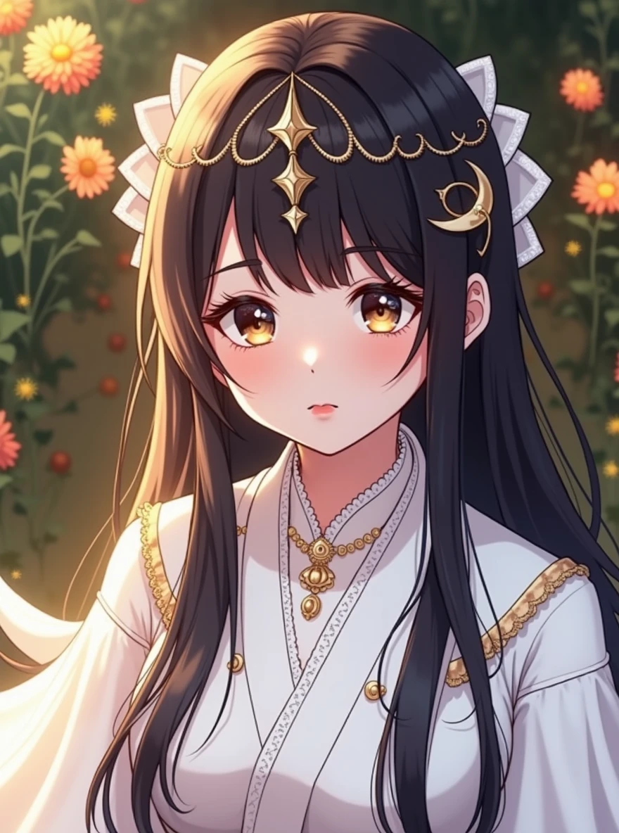 a beautiful woman with long flowing hair, detailed face, sparkling eyes, delicate nose and lips, wearing an elegant dress, holding a scepter, standing in a field of flowers under a clear blue sky, sunlight streaming down, (best quality,4k,8k,highres,masterpiece:1.2),ultra-detailed,(realistic,photorealistic,photo-realistic:1.37),intricate details,natural lighting,vibrant colors,fantasy,digital painting,highly detailed,cinematic lighting,dramatic pose,ethereal,celestial