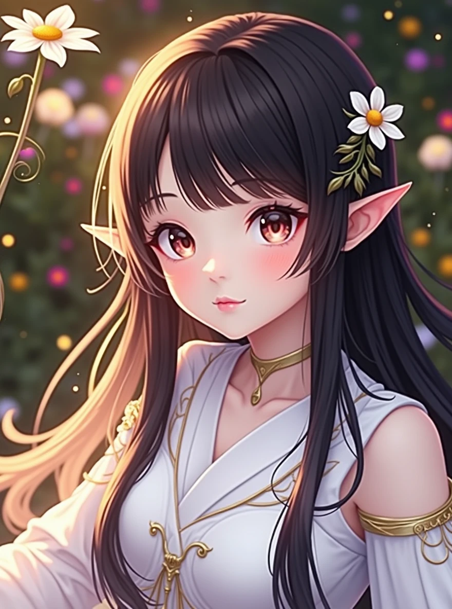 a beautiful woman with long flowing hair, detailed face, sparkling eyes, delicate nose and lips, wearing an elegant dress, holding a scepter, standing in a field of flowers under a clear blue sky, sunlight streaming down, (best quality,4k,8k,highres,masterpiece:1.2),ultra-detailed,(realistic,photorealistic,photo-realistic:1.37),intricate details,natural lighting,vibrant colors,fantasy,digital painting,highly detailed,cinematic lighting,dramatic pose,ethereal,celestial