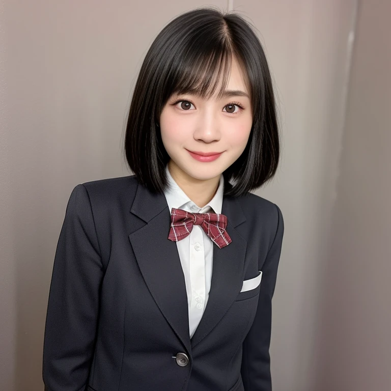 (kawaii 18 year-old Japanese girl, Nogizaka idol, Korean idol), healthy female athlete body, (glossy black hair, short hair, pixie cut, bangs:1.3), (rounded face, pure black eyes, single eyelid, no makeup, best smile:1.2), (wearing Japanese school uniforms, blazer jacket, collared shirt, bow tie:1.3), extra small breasts, (plaid skirt, bare thighs visible:1.3), BREAK, (simple grey background:1.3), (ceductive posing, dynamic angle, cowboy shot, thigh focus:1.2), BREAK, (masterpiece, best quality, photo realistic, official art:1.4), (UHD, 8K quality wallpaper, high resolution, raw photo, golden ratio:1.3), (shiny skin), professional lighting, physically based rendering, award winning, (highly detailed skin, extremely detailed face and eyes, anatomically correct body), Carl Zeiss 85 mm F/1.4, depth of field, 1girl, solo,