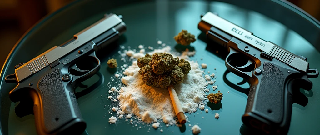 Create a long image that says Notorious written with ????????? and put a gun on either side. , ??????? , tussi and a cigarette, all on a glass table , Let it be like a photo taken from above, realistic to the point that it looks like a photo , make the image more realistic , that he separate this mess






