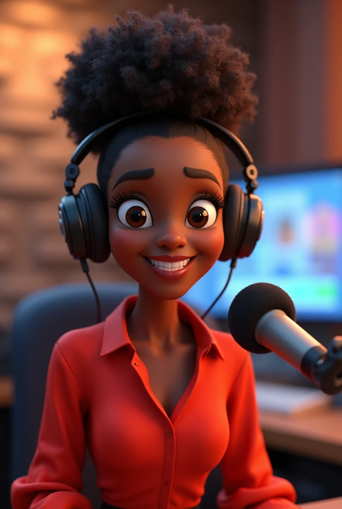 Cartoon character of a Black woman wearing a red blouse, speaking into a microphone at a radio station, animation character, stylized character, animation style rendering, 3d stylized, Arnold Maya rendering, Stylized 3D rendering, toon render screenshot, 3d character, 3d character, Stylized 3D rendering, 3D character rendering, cartoon character, Personagem de close up, character posing, (Pixar-style) (master part:1.2) (bokeh) (best qualityer) (skin detailed) (detailed texture) (8k) (Argilla) (cinematic lighting) (sharp focus