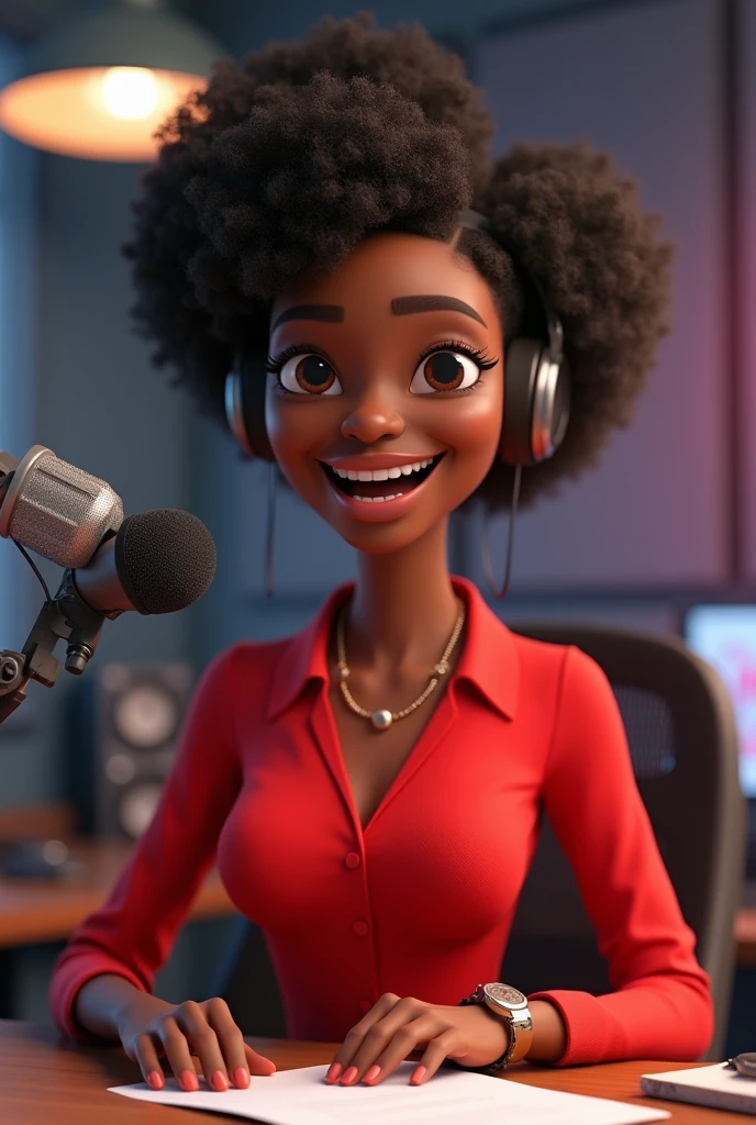 Cartoon character of a Black woman wearing a red blouse, speaking into a microphone at a radio station, animation character, stylized character, animation style rendering, 3d stylized, Arnold Maya rendering, Stylized 3D rendering, toon render screenshot, 3d character, 3d character, Stylized 3D rendering, 3D character rendering, cartoon character, Personagem de close up, character posing, (Pixar-style) (master part:1.2) (bokeh) (best qualityer) (skin detailed) (detailed texture) (8k) (Argilla) (cinematic lighting) (sharp focus
