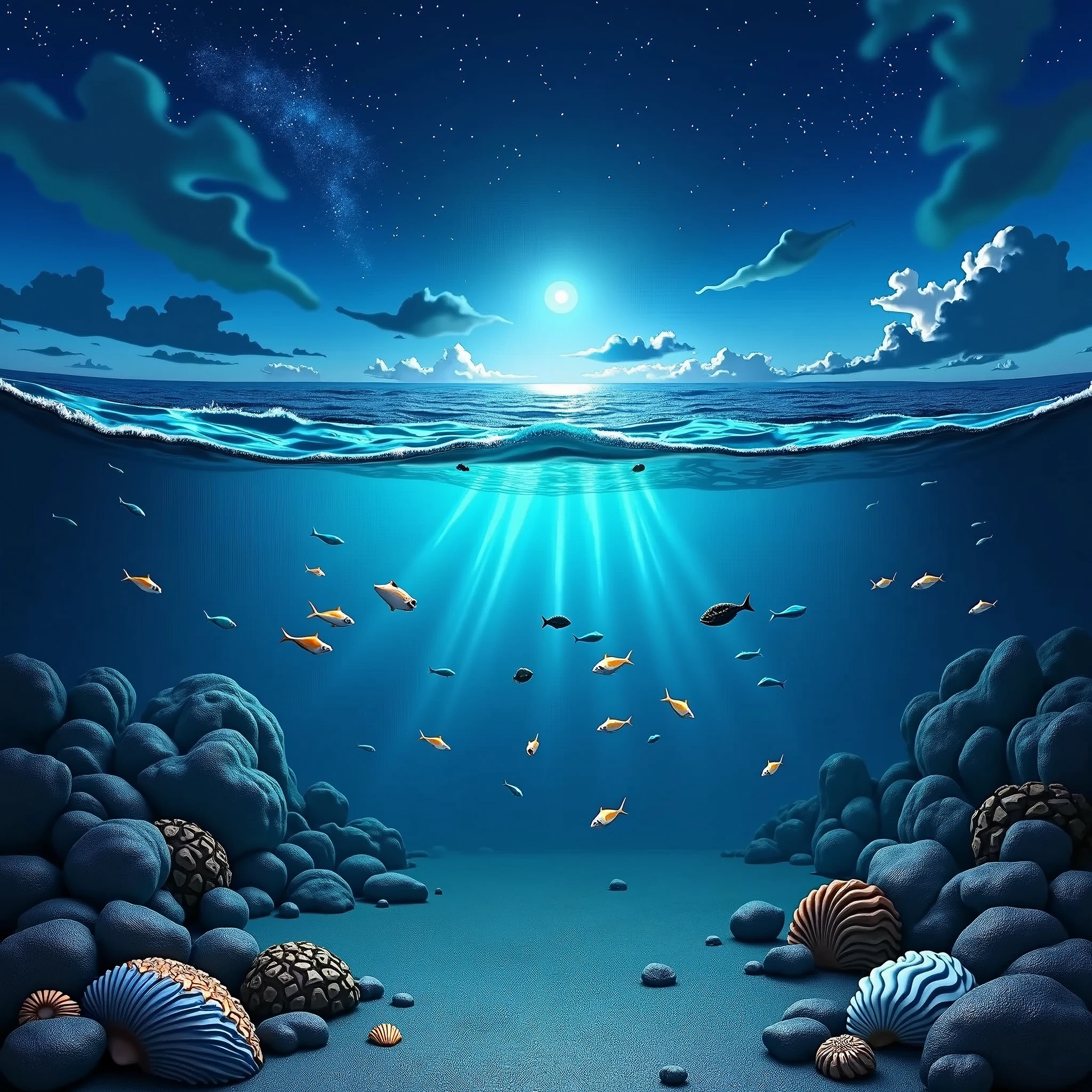 Beautiful ocean, transparent waves, night sky, marine blue, shells in the sea, many fish