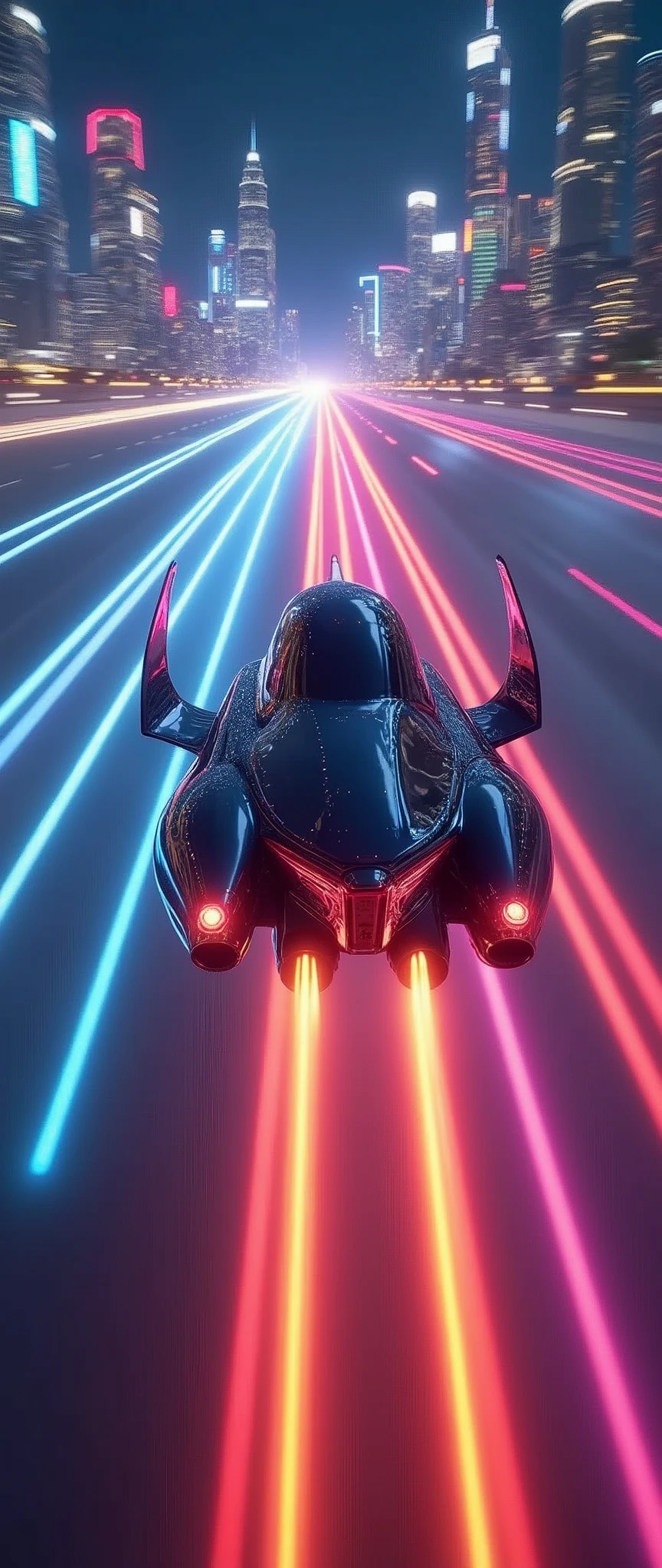 (masterpiece:1.2,Highest quality,Ultra-high resolution,Very detailed,Realistic,RAW Photos:1.2,Elaborate photos),8k,wallpaper,(Ray Tracing),(Future City:2.0),sf,cyber punk,(Streamlined and beautiful ultra-compact spacecraft:2.0),(The craft floats above the guiding lights:2.0),(Dynamic Angles),night,(Rainbow-colored guiding lights:2.0),(Expectations are of running at high speed through a tunnel of light in the sky:2.0),(Motion Blur)
