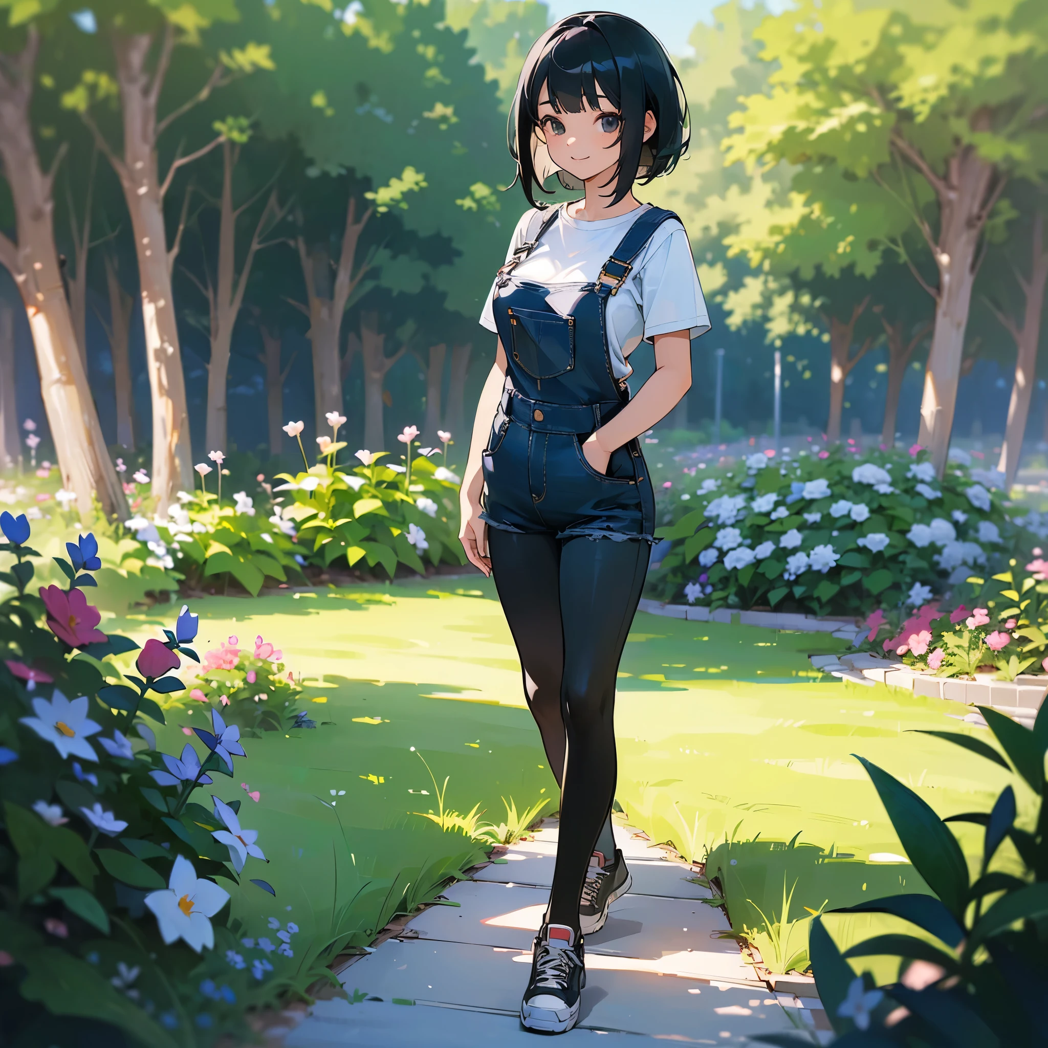 (high quality, High resolution, Very detailed, reality:1.37), Peaceful atmosphere, (Outdoor, garden), Teenage girl standing alone, (my breasts are big.), Beautiful details, Cute Smile, (Black bob hair), Short sleeve shirt, Overalls, Black tights, sneakers.