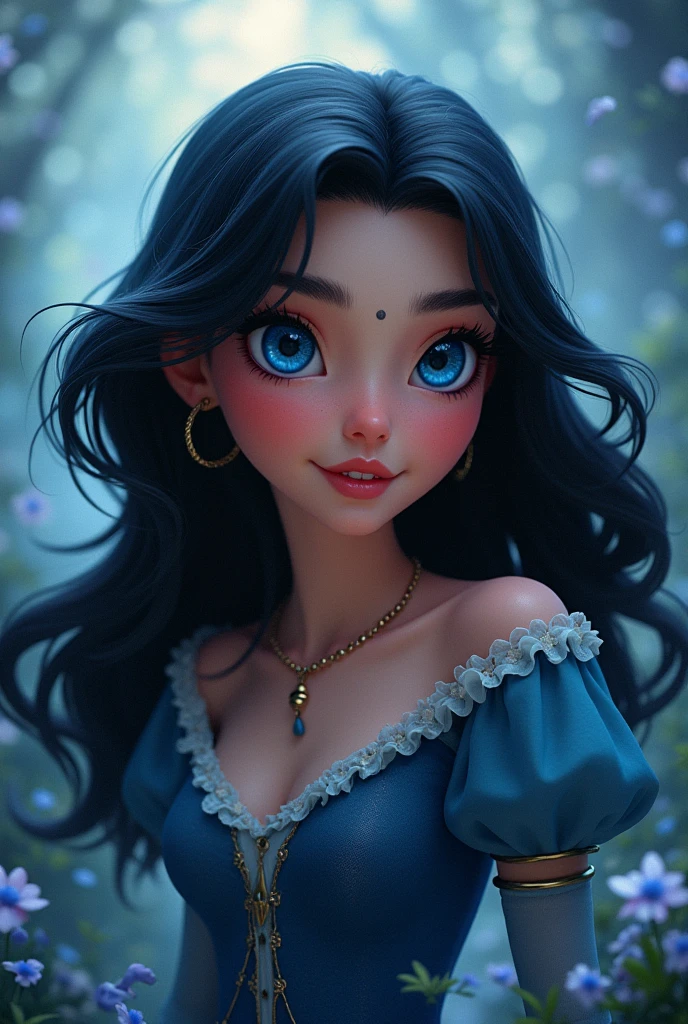 Dark-haired, blue-eyed Disney character