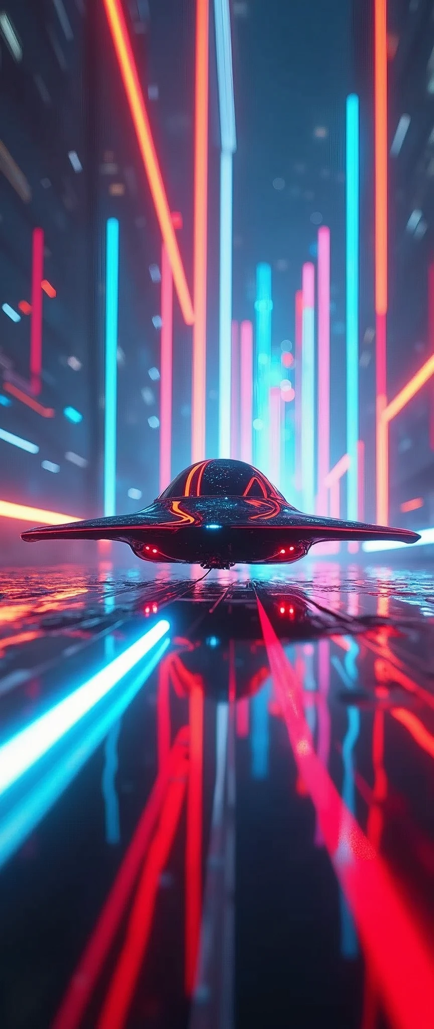 (masterpiece:1.2,Highest quality,Ultra-high resolution,Very detailed,Realistic,RAW Photos:1.2,Elaborate photos),8k,wallpaper,(Ray Tracing),(Future City:2.0),sf,cyber punk,(Streamlined and beautiful ultra-compact spacecraft:2.0),(The craft floats above the guiding lights:2.0),(Dynamic Angles),night,(Rainbow-colored guiding lights:2.0),(Expectations are of running at high speed through a tunnel of light in the sky:2.0),(Motion Blur)