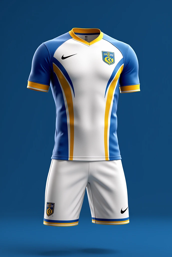 create a uniform for a football team called IPASEP where the predominant colors are Blue and White, The uniform should be white with blue and gold details, with white shorts with blue and gold details