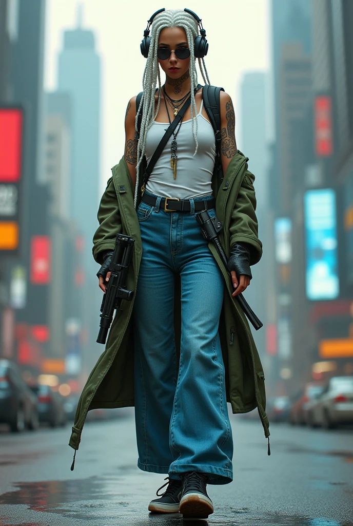 Create a cyberpunk-style man with human and robotic parts wearing reading glasses, headphone, dreadlock brancos, blue wide leg jeans, White tank top, green coat, a pair of black sneakers and athletic tattoos with a backpack on his back and firearms