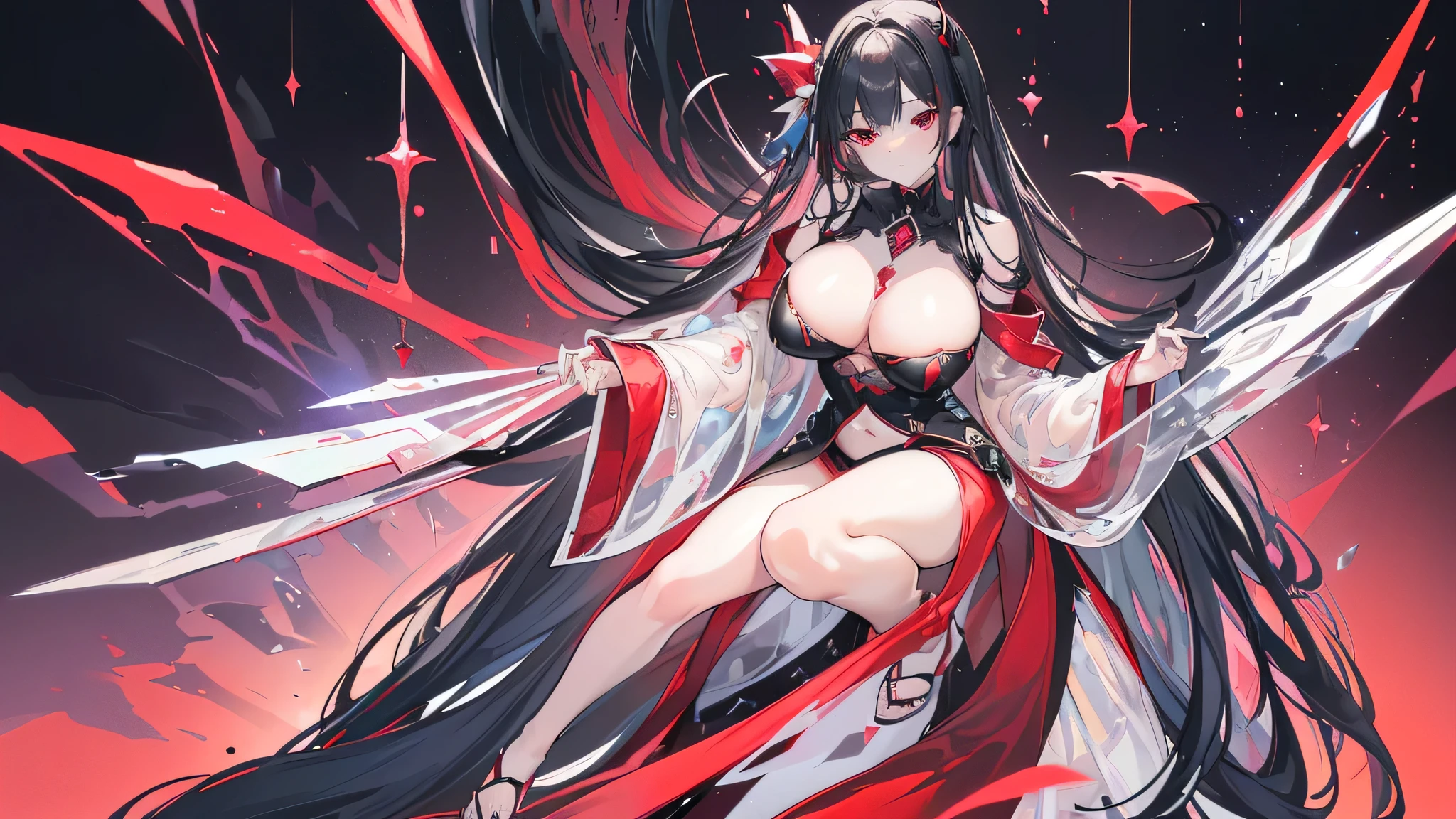 Exquisite eyes),(Clear and beautiful eyes:1.61),masterpiece, ung girl,(Black clothes and some red gems), Black long hair, (She has a huge red gem on her chest), Good Hand,((The Havoc of StarCraft)),full-body shot,Fighting Stance,(Red Eyes:1.466)，short and small,(Very big breasts:1.35),(Pretty Face),(full-body shot:1.33),Beautiful hands