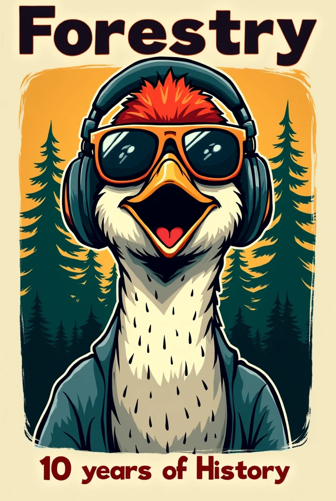 A pop art cartoon illustration of a woodpecker's face, wearing headphones and aviator sunglasses, to be used as a stamp for a university vest of a forestry athletics. Place trees in the background. The illustration must contain the writing "Forestry" above the woodpecker, and the writing "10 years of History" below the woodpecker