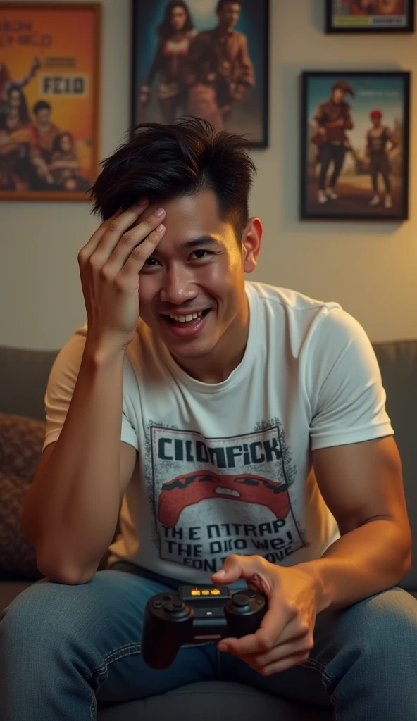 photorealistic, best quality, masterpiece, extremely detailed, (side view), extremely handsome, 30 year old borneo man, no facial hair, muscular build, wearing 8bit graphic tshirt, happy shockedexpression, (looking directly at camera), holds a video game console controller in right hand, left hand slaps his forehead, sitting on couch, in fun bedroom, movie posters on the wall, extremely romantic atmosphere, perfect face, perfect fingers, perfect hands, perfection