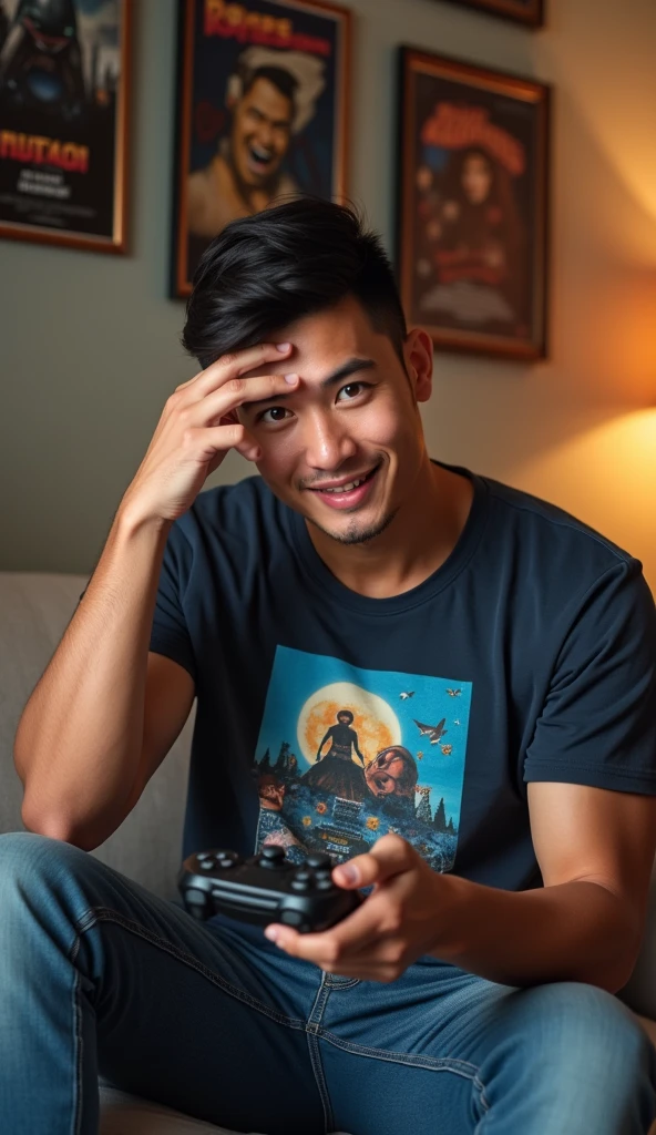 photorealistic, best quality, masterpiece, extremely detailed, (side view), extremely handsome, 30 year old borneo man, no facial hair, muscular build, wearing 8bit graphic tshirt, happy shockedexpression, (looking directly at camera), holds a video game console controller in right hand, left hand slaps his forehead, sitting on couch, in fun bedroom, movie posters on the wall, extremely romantic atmosphere, perfect face, perfect fingers, perfect hands, perfection
