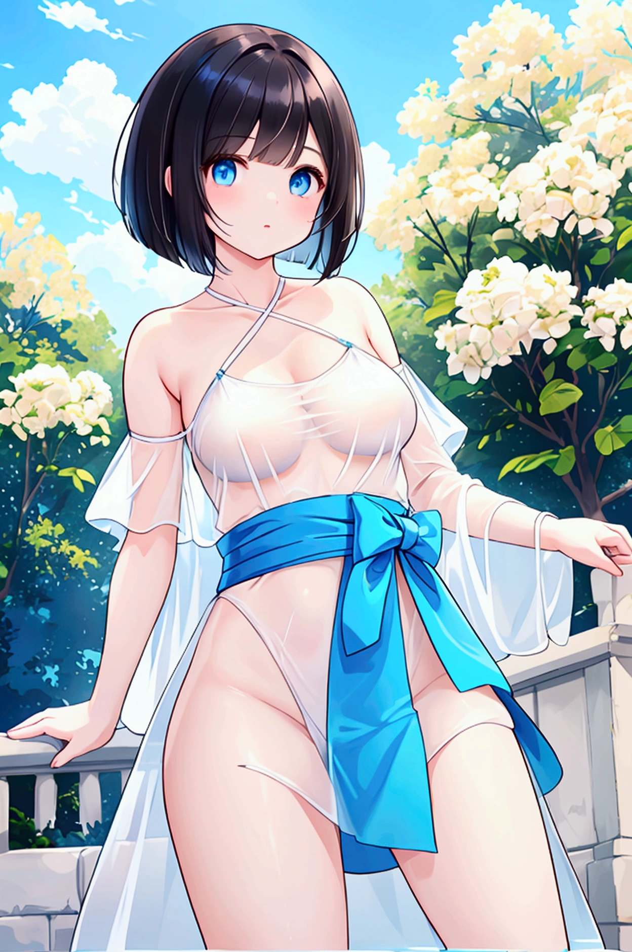Photorealistic、Highest quality、Highest Resolution、Highest quality、16Ｋ、One beautiful woman、Cute face、Delicate face、Bob cut hair、Dark Hair Color、Pale blue eyes、Delicate eyes、Beautiful breasts、Big Breasts、Cool clothes、Blue sky、Sexy pose、 