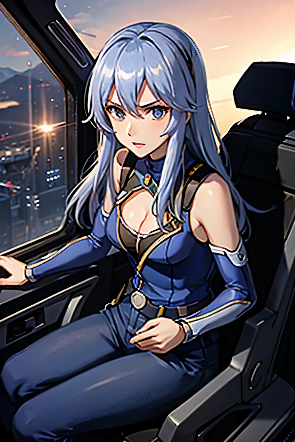 （（（Highest quality、first class、masterpiece、Normal body、8k、Detailed face、Ultra-precision、normal hand、Normal refer to、５refer to、Highest）））、Eternal Frail、Silver Hair、Long Hair、Slender、Small breasts、Lady、kid、clear、pure、A blue suit that reveals a cleavage、Navy blue shorts、"SD Gundam G Generation"、Gundam、Pilot a Gundam、Gundam Pilot、Mobile Suit Pilot、Gundam Cockpit、Mobile Suit Cockpit、Sit in the cockpit、Seat belt（（Seat belt spanning from the shoulder to the cleavage and crotch of the pilot's seat.））、Grip the control stick、Surround monitor、All-day monitor、View Monitor、universe battle、universe、Fast Combat、High-speed maneuver