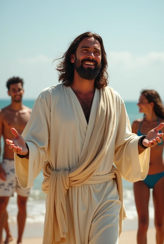 Jesus Christ preaching love to people on the beach. He makes a gesture with his arms outstretched. He looks smart and smart and has fun and smiles. His face conveys deep wisdom and empathy, exuding warmth and understanding. Jesus of Nazareth is depicted as a gentle, gentle man with shoulder-length hair. His wavy brown hair cascades over his shoulders. he is shining The people who gather around him are wearing swimsuits and smiling. big rainbow Photography, highly detailed, trending at the art station, sharp focus, studio shot, intricate details, Greg Rutkowski,