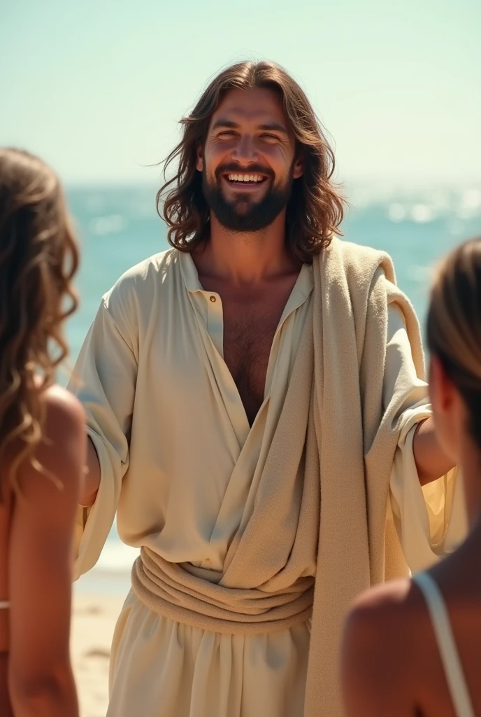Jesus Christ preaching love to people on the beach. He makes a gesture with his arms outstretched. He looks smart and smart and has fun and smiles. His face conveys deep wisdom and empathy, exuding warmth and understanding. Jesus of Nazareth is depicted as a gentle, gentle man with shoulder-length hair. His wavy brown hair cascades over his shoulders. he is shining The people who gather around him are wearing swimsuits and smiling. big rainbow Photography, highly detailed, trending at the art station, sharp focus, studio shot, intricate details, Greg Rutkowski,