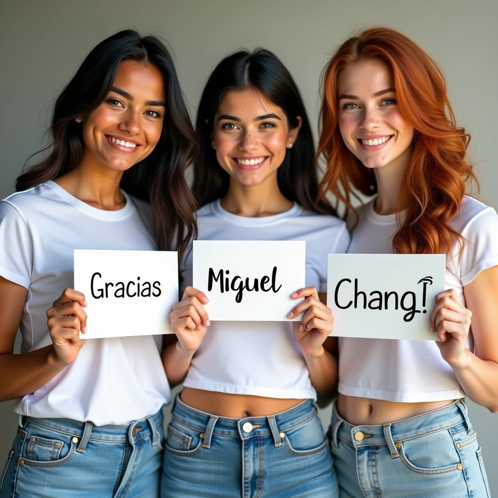 realistic photo of 3 beautiful young women, the first is a latina with hazel eyes, freckles, long dark straight hair, holding a sign that says "Gracias", the second girl is a white pale woman with short black hair, blue eyes and freckles, holding a sign that says "Miguel", and the third woman is a pale white with long curly red head, green eyes, freckles, holding a sign that says "Chang! ♥", all the three are wearing white tshirt and short jeans, all smiling.