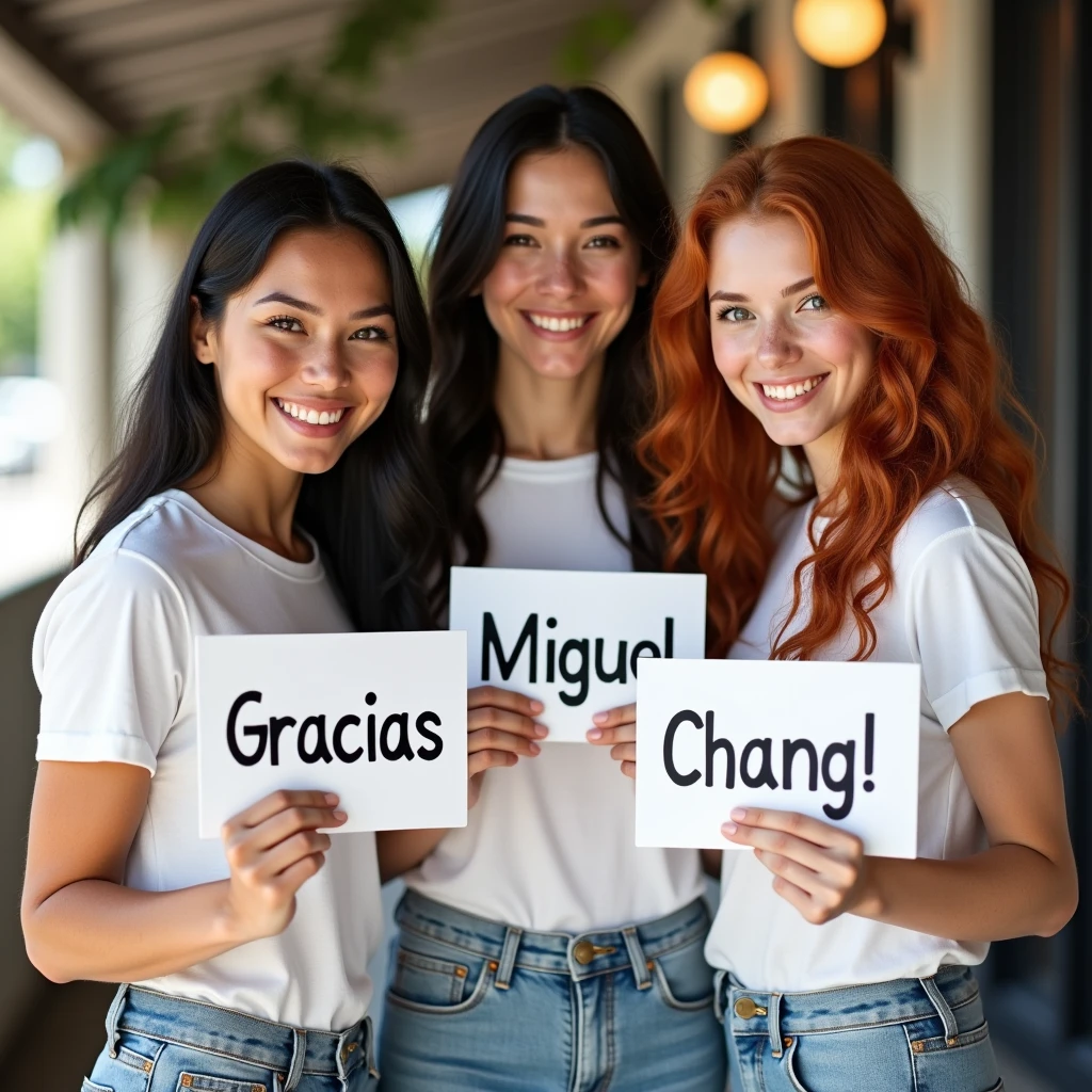 realistic photo of 3 beautiful young women, the first is a latina with hazel eyes, freckles, long dark straight hair, holding a sign that says "Gracias", the second girl is a white pale woman with short black hair, blue eyes and freckles, holding a sign that says "Miguel", and the third woman is a pale white with long curly red head, green eyes, freckles, holding a sign that says "Chang! ♥", all the three are wearing white tshirt and short jeans, all smiling.