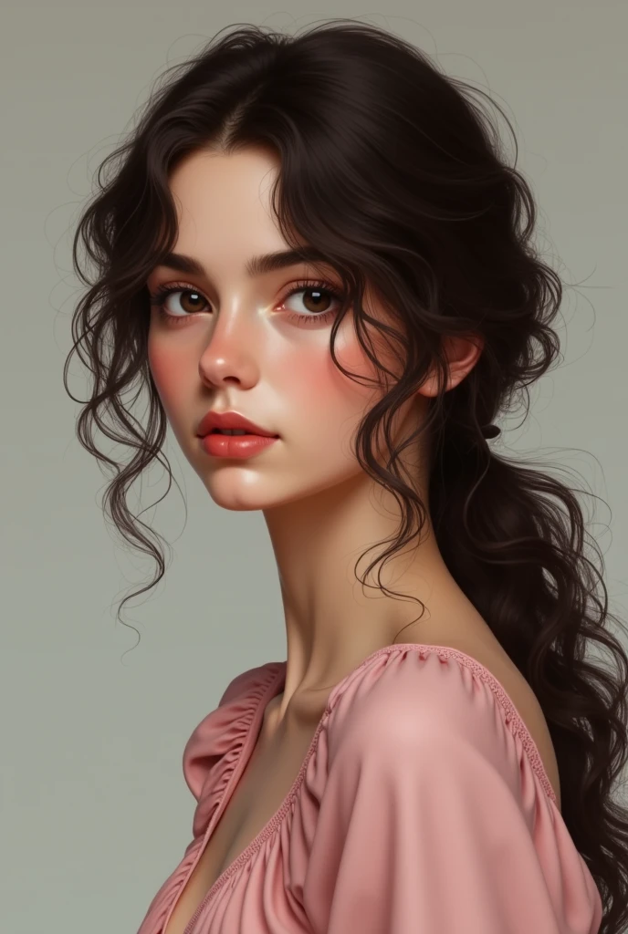25 year old white woman with a round face, dark brown curly hair, almond-shaped round eyes, a medium nose, drooping lips, wearing a pink blouse.