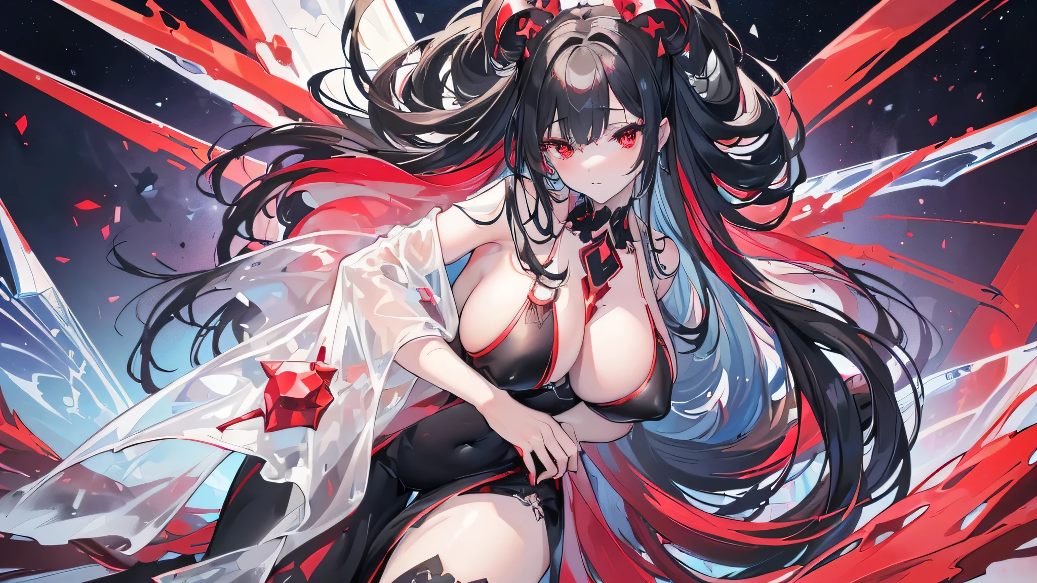 Exquisite eyes),(Clear and beautiful eyes:1.61),masterpiece, ung girl,(Black clothes and some red gems), Black long hair, (She has a huge red gem on her chest), Good Hand,((The Havoc of StarCraft)),full-body shot,Fighting Stance,(Red Eyes:1.466),short and small,(Very big breasts:1.35),(Pretty Face),(full-body shot:1.33),Beautiful hands