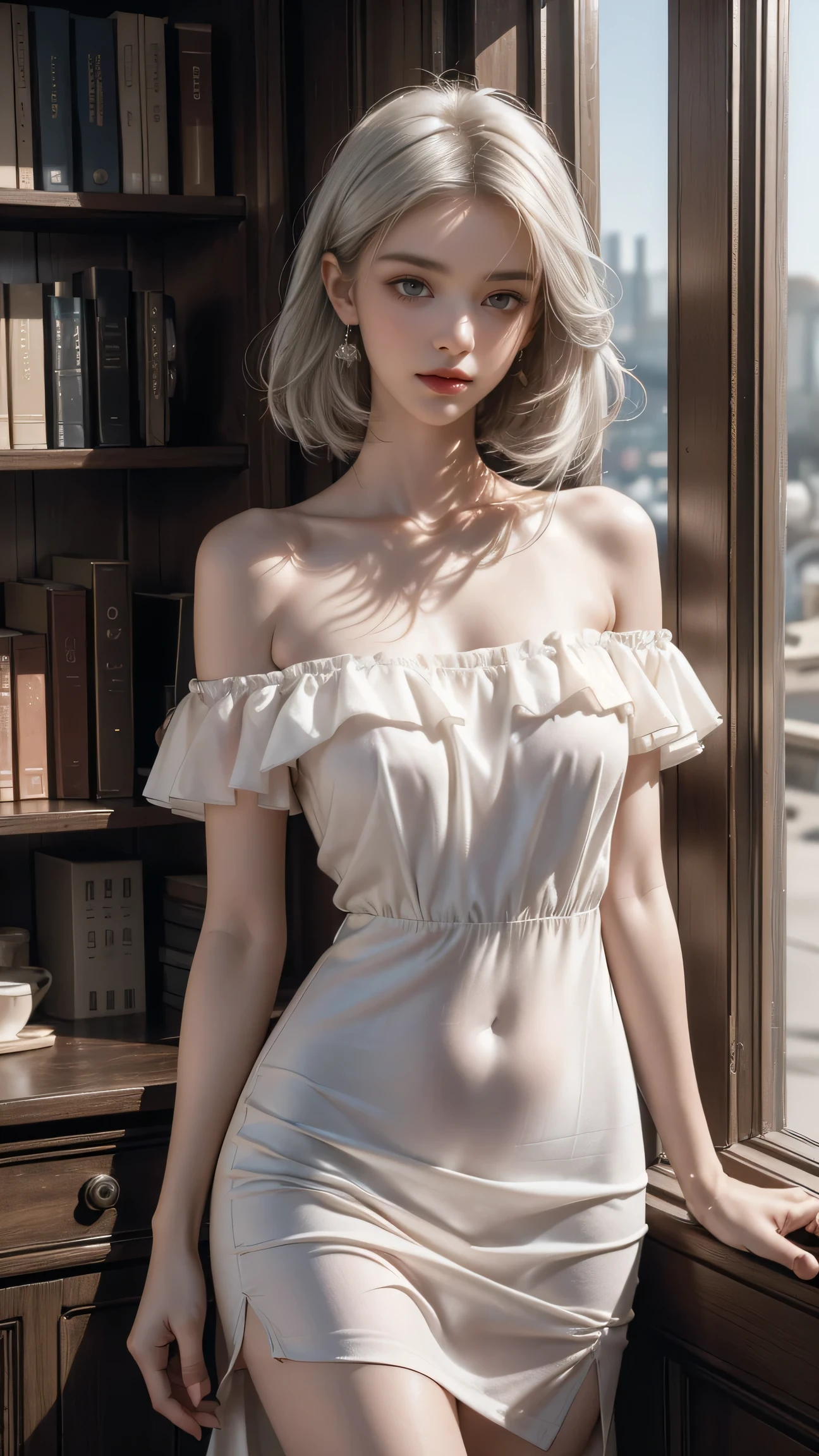 Heterochromia iridis,Silver-haired,High resolution free,(Sheer off-the-shoulder pure white dress)、(Wind blows my skirt)((Girl standing in front of bookshelf in library))、(Rear view)、(look back)、Highest quality work,Actual work,Ultra Premium Graphics,8K HD CG Works,High quality graphics,High-definition CG works,10x pixels,Extremely fine detail:1.1,Advanced Technical Details:1.1 Photorealistic,Indoor lighting effects:1.5,Natural light:1.5. Light effects(virtual Light effects:1.8),((Golden white short hair))、(Bob Hair), Thin eyebrows,High nose, Nice red lips, Rose Cheeks, A face with subtle makeup , Cute face, perfectly balanced face,(),A light-toned foundation enhances the clarity of your skin.、,((Off-the-shoulder pure white dress)). 40k, photograph, Tabletop, highest quality, Rainy background, ((1 Beautiful eyes light haired girl, White skin, Various poses.((Medium sized breasts,:1.1)), highest quality, Tabletop, Ultra-high resolution, (Realistic:1.4), RAWphotograph, (Perfect figure), (slim:1.3), Slim abdomen, Perfect slim figure, Dynamic Pose, alone, Cold light 12000K, Very detailed facial and skin texture, Fine grain, Realistic eyes, Beautiful fine grain, (Realistic Skin), Charm, 超A high resolution, surreal, Very detailed、