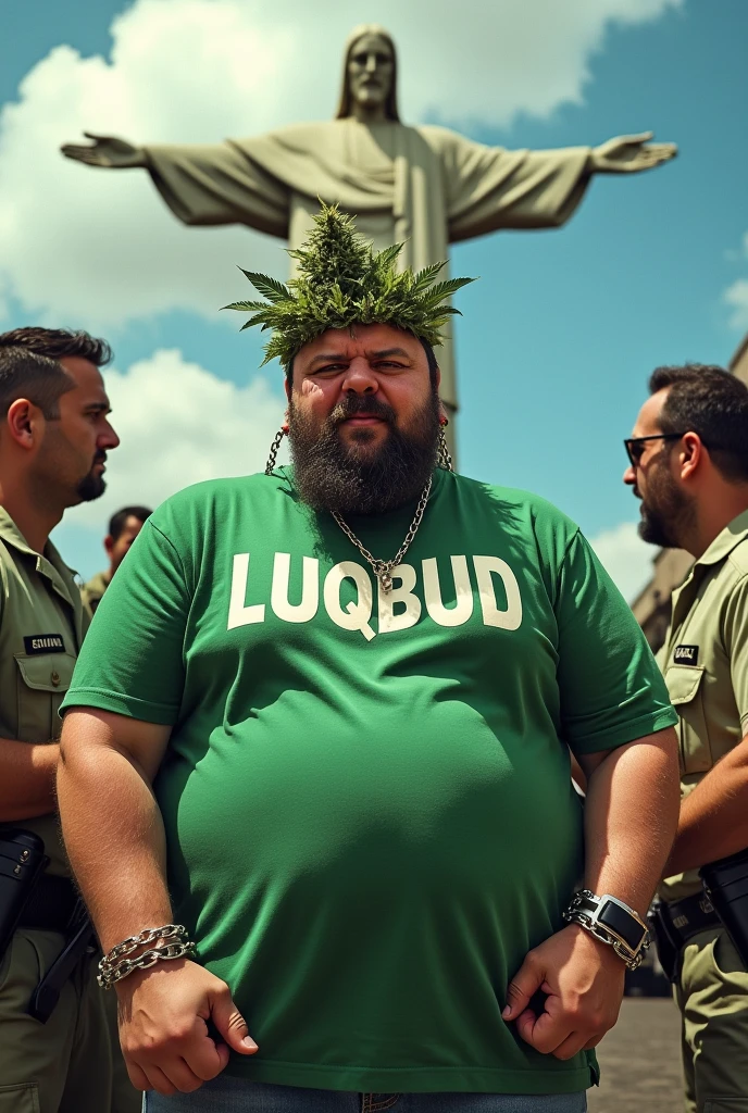 A fat man with chains around his neck and earrings in his ears, with a head made of a cannabis leaf, being handcuffed in front of Christ the Redeemer on a sunny afternoon, wearing a green shirt that says LUQBUD.