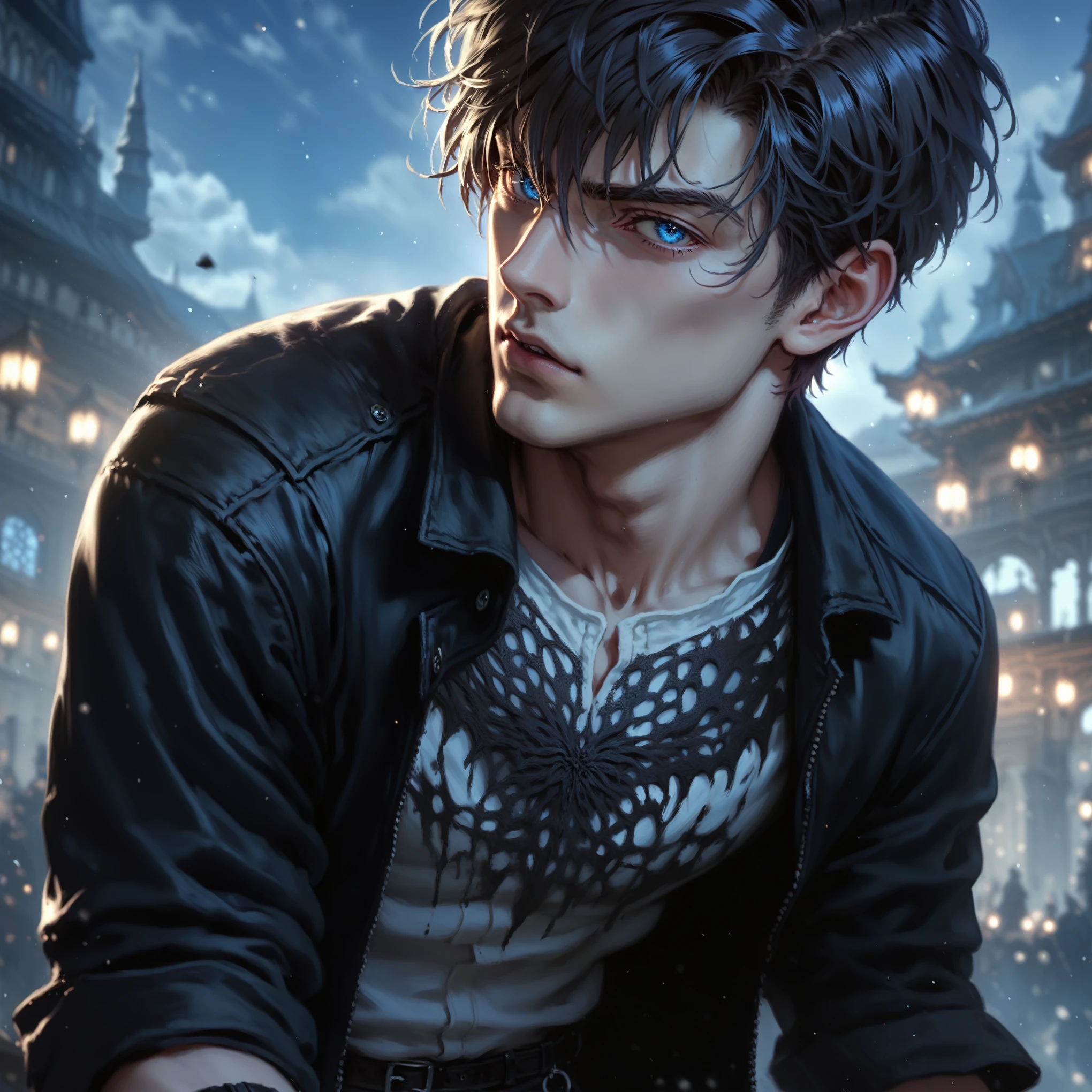 absurdities, High resolution, ultra detailed, HdR, masterpiece, realism, realist, 30 year old adult man, rasgos muy masculines, serious, Extremely detailed face and eyes, short straight hair, Red hair, bushy eyebrows, fringe, fringe que cubre la frente, sexy look, expressive blue eyes, rasgos masculines, detailed eyes, LOOKING AT THE SPECTATOR, 1 man, black clothes, black leather jacket, White skin, arched eyebrows, masculine, black clothes de mafia, Wizard's Medallion, tidy hair, Complete plan, beefy chest, realism magico, masculine, men's clothing, vibrant colors, Fotorrealist, 8k, Best Quality, High resolution, cinematic lighting, intricate details, ultra detailed, 8k, realist.
