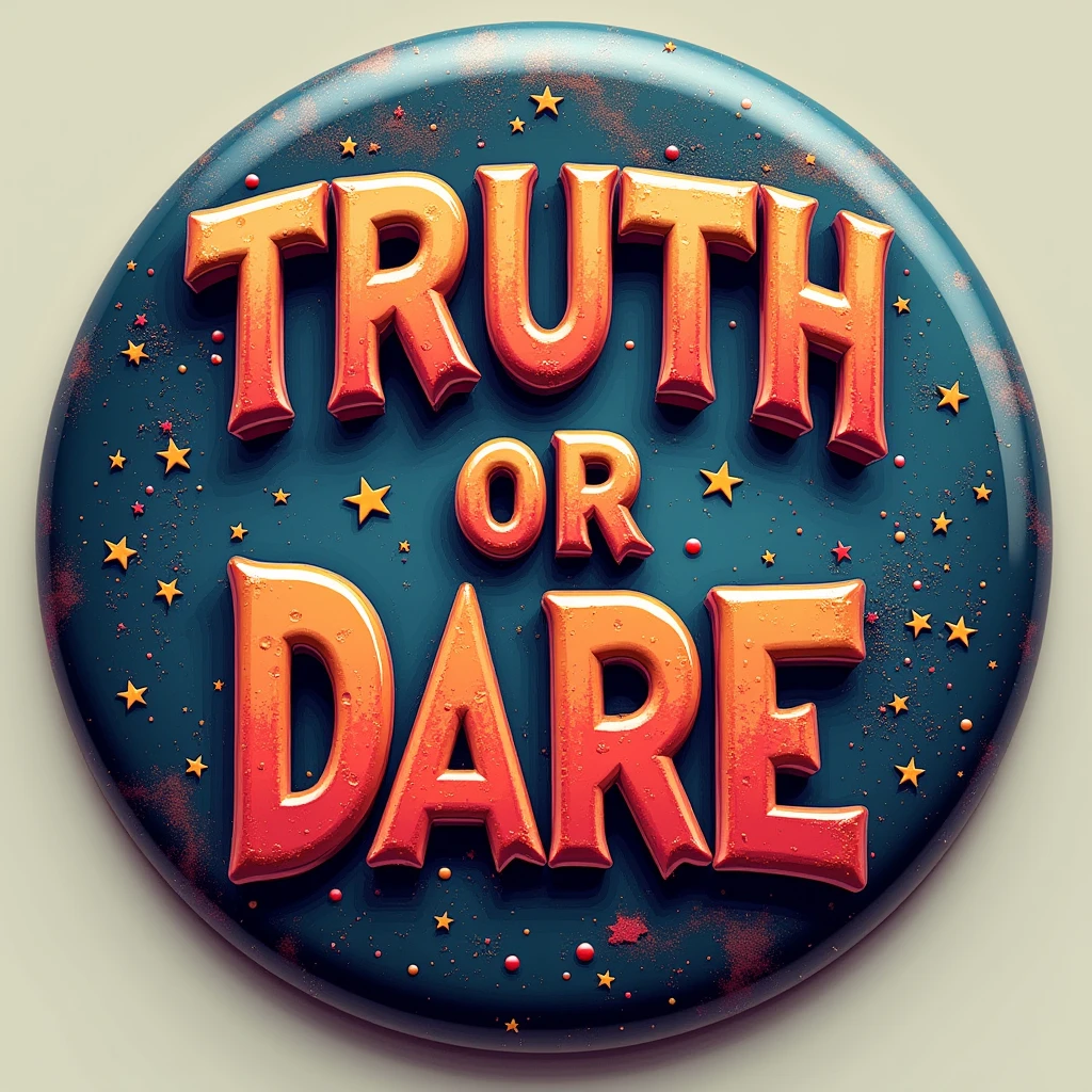 A long button with the inscription "TRUTH or DARE", designed to be as appealing, extraterrestrial and colorful as possible.