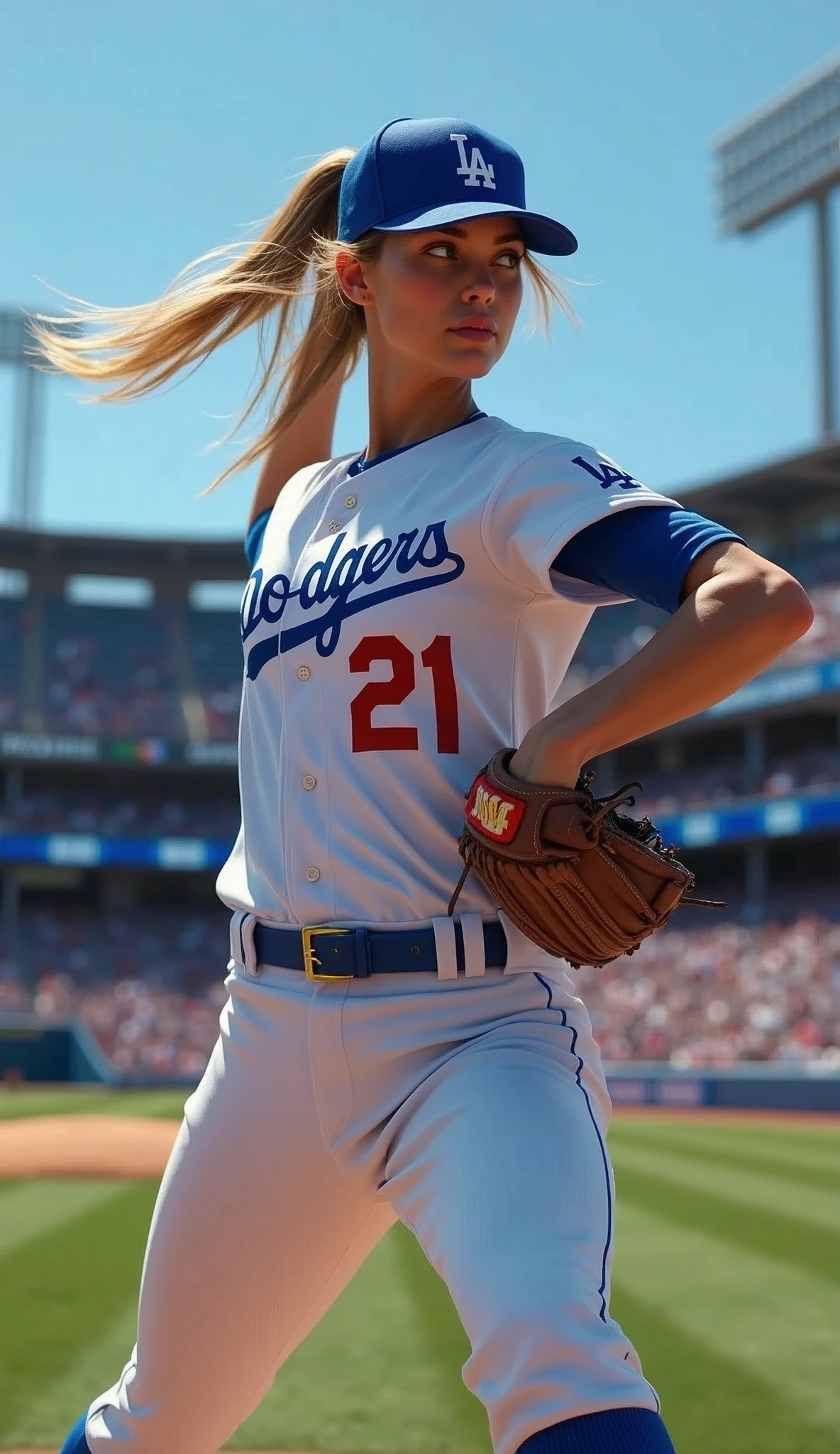 A very beautiful woman wearing a Los Angeles Dodgers uniform, Pitching at Dodger Stadium