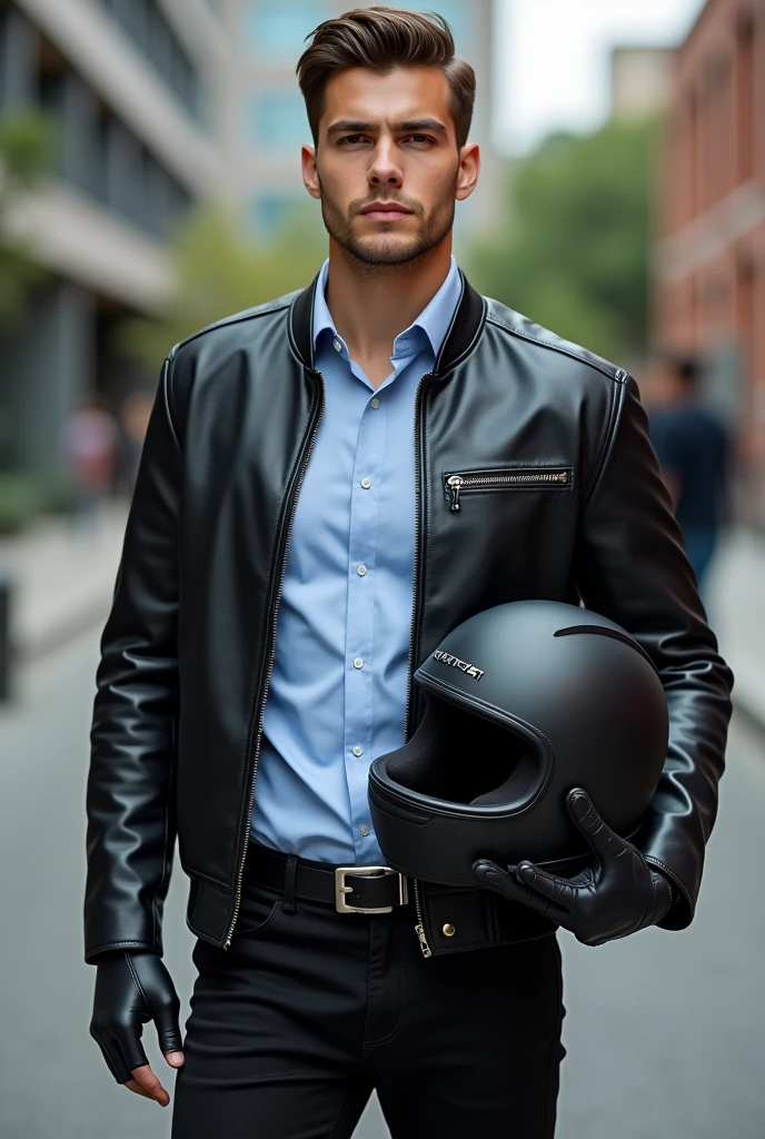 University male student very handsome, face clean shaved against the grain, holds black helmet, wears black formal shoes, black business pants, black leather belt with automatic silver square metal buckle, and light blue formal shirt, a revit leather jacket and biker gloves.