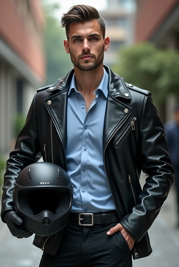 University male student very handsome, face clean shaved against the grain, holds black helmet, wears black formal shoes, black business pants, black leather belt with automatic silver square metal buckle, and light blue formal shirt, a revit leather jacket and biker gloves.