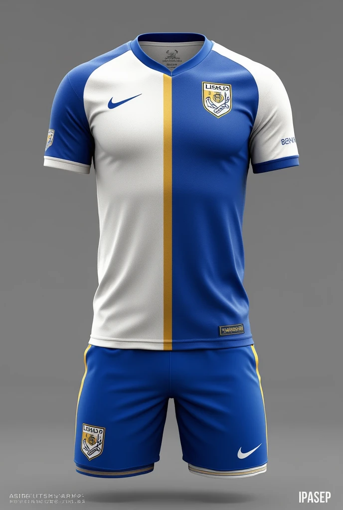create a uniform for a football team called IPASEP where the predominant colors are Blue and White, The uniform should be white with blue and gold details, with white shorts with blue and gold details