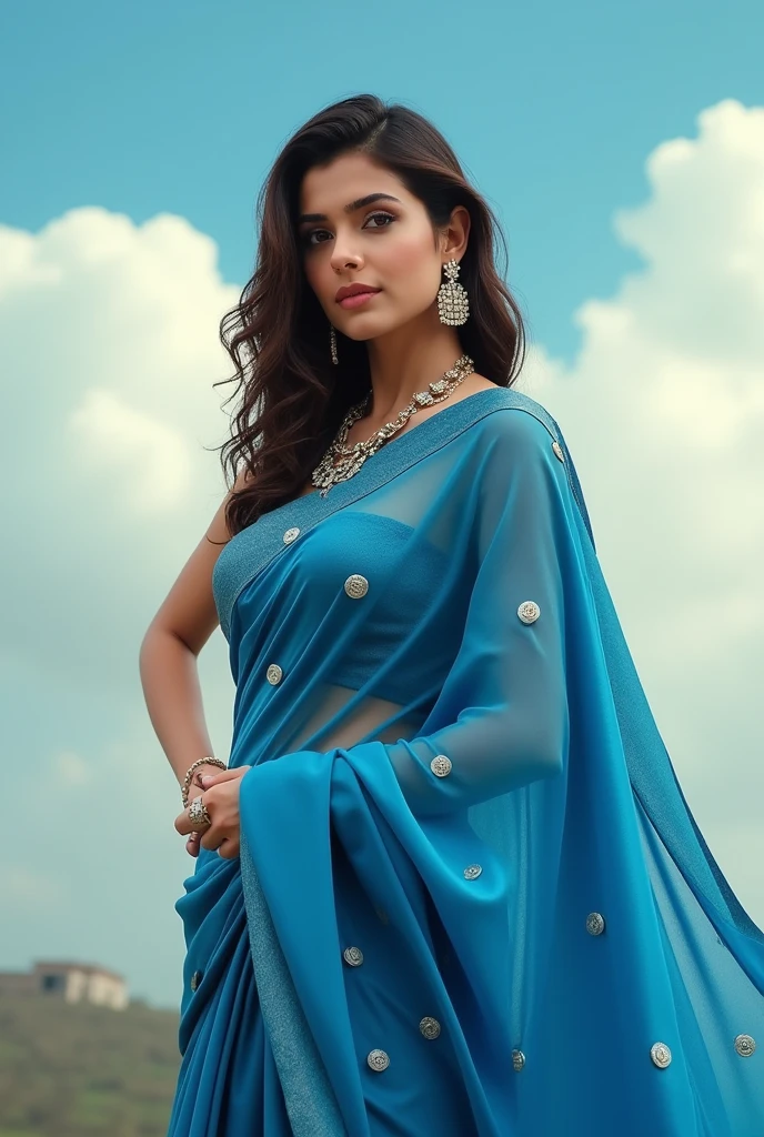 Kriti sanon in blue saree, showing hips, cloud, noises, hot pose, no sunlight, no shining, realistic, raw photo