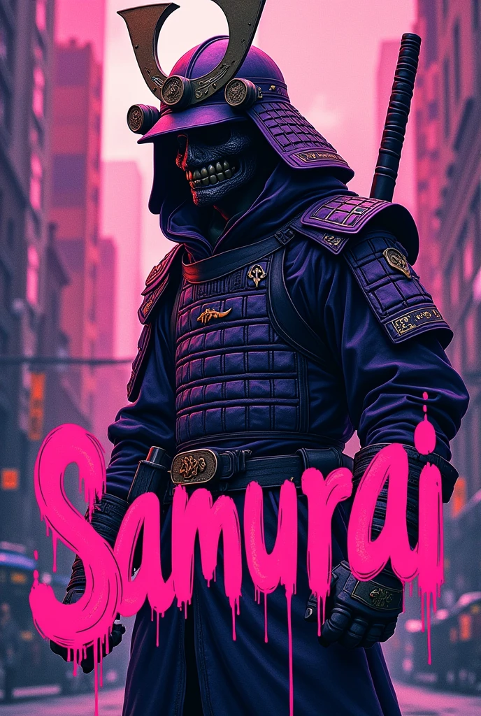 create a graffiti style image with the word samurai, the design should be in pink and purple colors, com um estilo streetwear, in a graffiti font