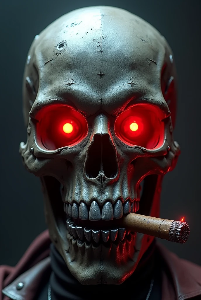 Skull metal red colour cigar on teeth high detail  front skull dark background  silver teeth fire eyes 