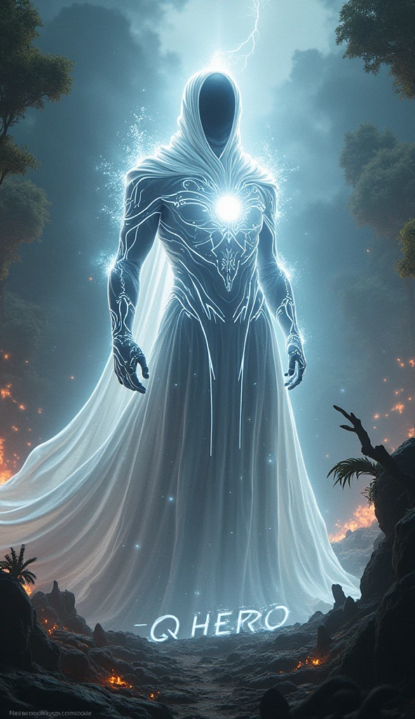 There is a title "F.Q Hero" written in the center of the logo, classical, green, wild, rustic, forest, jungle, plants, fire, thunder, blast, fantasy, strong, realistic, 8k ultra HD, technology, nano tech, silver, white, crystal clear, 3D, mythology, Sci-Fi, cool, Storm, Winter, rainy, title word "F.Q Hero"