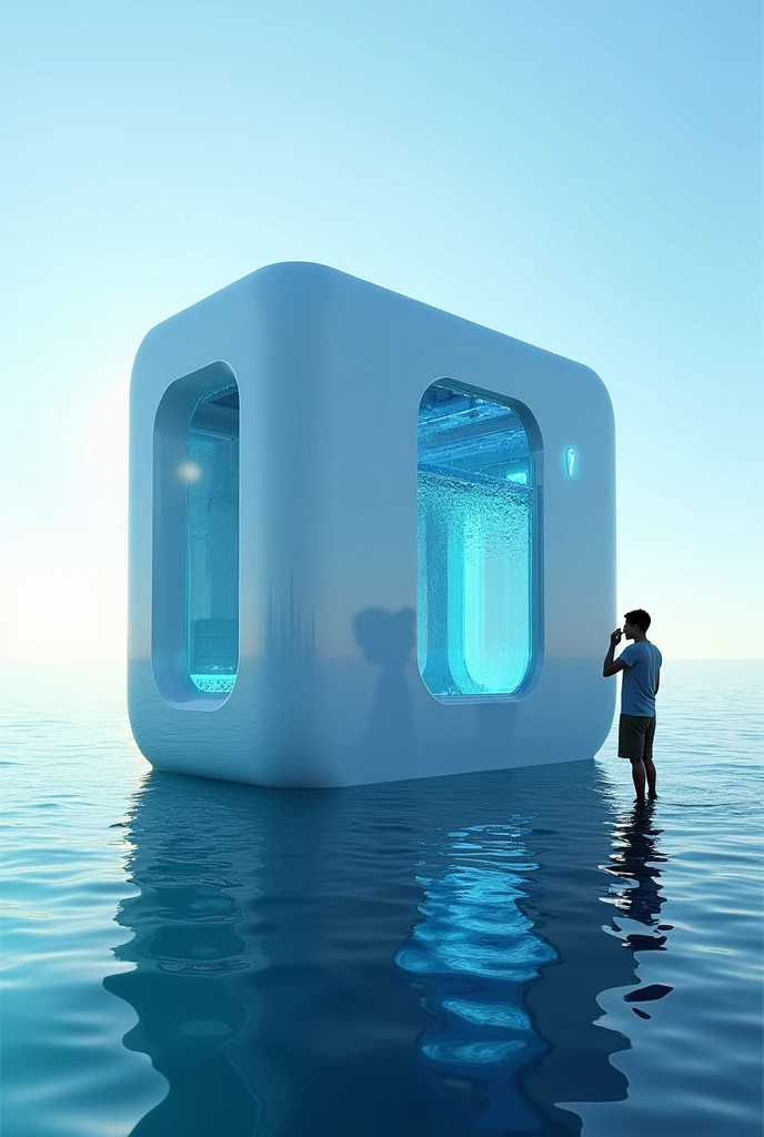 Show a machine desilation that is place in sea, water machine desilation that shows how water filtration work for some reason, it is going to be a drinkable water from sea water that is more safer and show one person drinking it freshly but she's standing patalikod