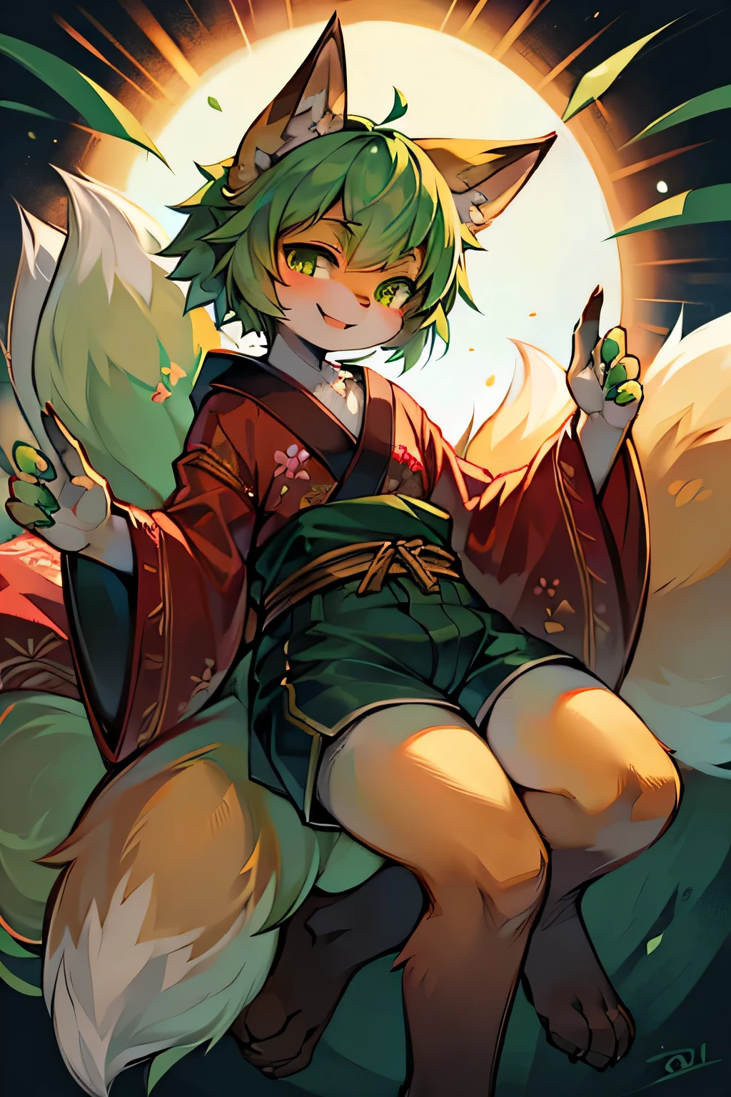 1 person,small,juvenile,Cheerful face,Yellow-green hair,Detailed eyes,Yellow-green eyes,Red pupils,Fox ears,6 tails,A large, yellowish-green kimono,Shorts