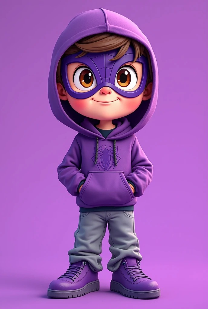 a cartoon male drawing with a purple spiderman mask, loose gray pants and a purple hood, the purple shoe and brown eyes, with a solid purple background