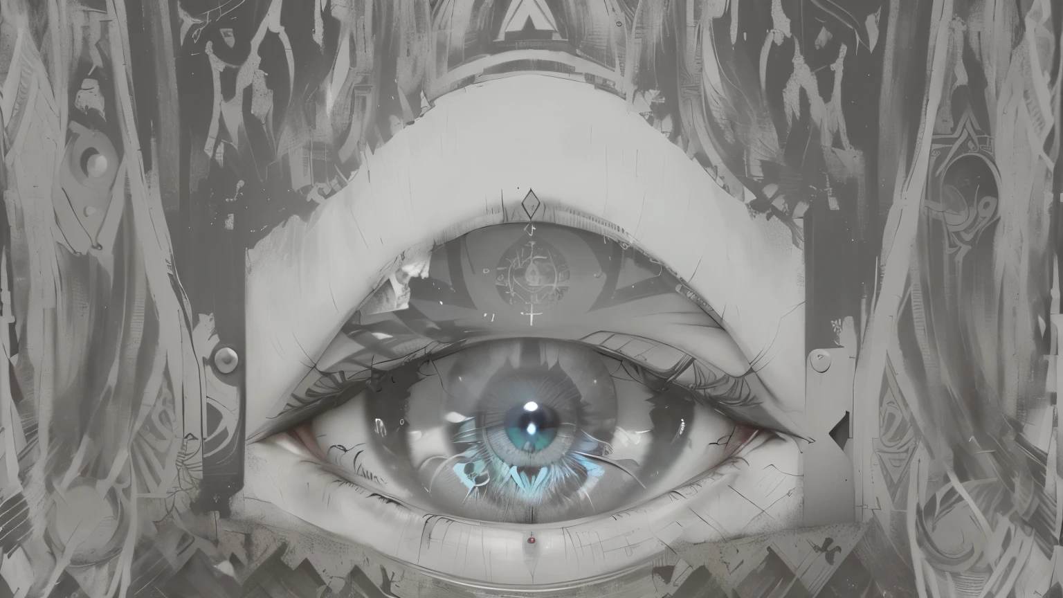 a close-up of a black and white photograph of a window, abrindo o third eye, wedjat eye, THE EYE THAT SEES EVERYTHING, Índia third eye tika, third eye no middle of the forehead, third eye, middle of the forehead, Hidden silver mask of full face, very grainy image, ( THE EYE THAT SEES EVERYTHING ), Índia tika third eye, vhs screenshot, THE EYE THAT SEES EVERYTHING