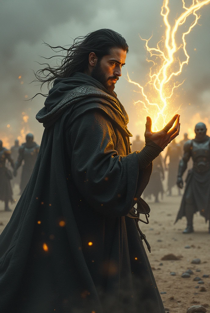 Make a man with black hair and lightning yellow, With powers of electricity, his hands are bandaged as he faces a drill of thousands of armored beasts